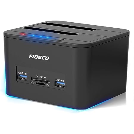 FIDECO HDDスタンド、USB3.0接続 2.5型 / 3.5型 SATA HDD/SSD対応、パソコンなしでHDDのまるごとコピー機能付き、2ベイ ハードディスクケース、16TB*2対応、電源アダプター付、ブラック