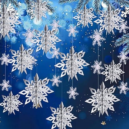 クリスマスオーナメント 雪花飾り 12枚3Dスノーフレーク 1個シルバー雪花ガーランド 雪の結晶 冬 クリスマス 新年 パーティー飾り