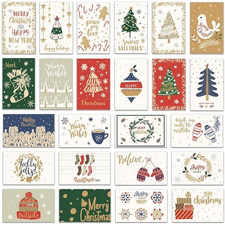 NLRクリスマスグリーティングカードパック#クリスマスシーズン | 24枚のユニークデザインの24枚のカード | 14×9 cm | 封筒とシールが含まれています | Xmas & 新年 (バイフォールド)