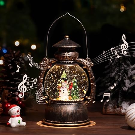 スノードーム Lewondr クリスマスオルゴール スノーグローブ LEDライト付き 8曲自動ループ クリスマス置物飾り 雪景色ボール 提灯型オルゴール インテリア クリスマスプレゼント 雪だるま＆モミの木 Bronze