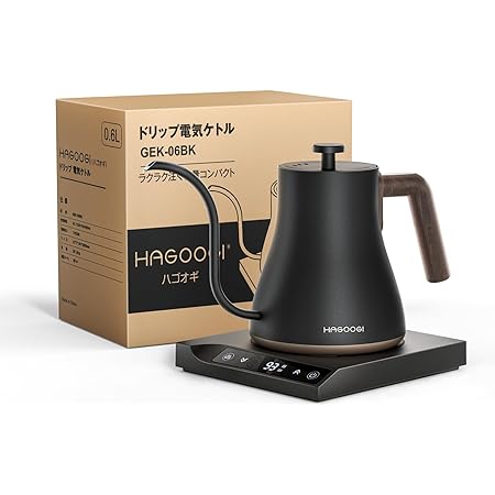 HAGOOGI (ハゴオギ) ドリップケトル 600ml ひとり暮らし用 電気ケトル コーヒー 1000W 段階式温度調節 (1℃/5℃/10℃単位)/保温機能(150分)/空焚き防止/自動電源オフ コーヒーポット おしゃれ 小型 ケトル コーヒー ケトル 木目調 マット ギフト PSE認証済み ブラック