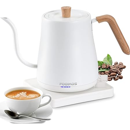 Fooikos (フーイコス) 電気ケトル 0.8L コーヒーと紅茶に使用される、食品グレード304ステンレス鋼 1000Wクイックヒーティング- 木製のハンドル（白）