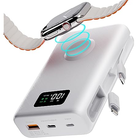 RELAX 3in1 MagSafe対応 モバイルバッテリー 10000mAh iPhone Apple Watch 同時充電 充電器 PD20W ケーブル一体型 急速充電 大容量 (10000mAh, ブラック)