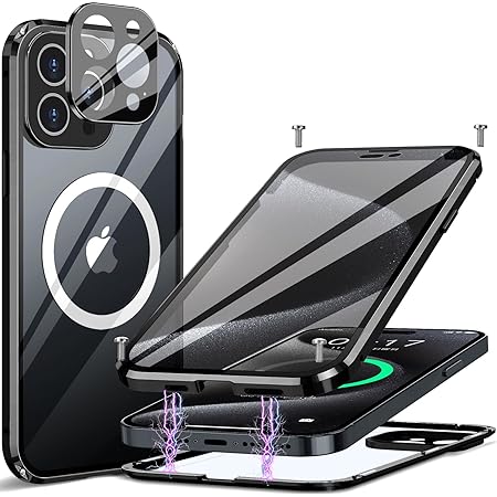 [四色チタニウム・2023年革新航空ガラス]MESTRIEV iPhone 15 Pro 用 ケース [ネジ固定式+両面ガラス[360°全面保護] [一体型レンズ保護]MagSafe対応ワイヤレス充電対応 アルミ バンパー マグネット式 耐衝撃 アイフォン15 Pro 金属 ケース 鋭敏タッチ スマホケース iPhone 15 Pro 人気 6.1インチ(ブラック)