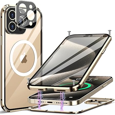 [四色チタニウム・2023年革新航空ガラス]MESTRIEV iPhone 15 Pro 用 ケース [ネジ固定式+両面ガラス[360°全面保護] [一体型レンズ保護]MagSafe対応ワイヤレス充電対応 アルミ バンパー マグネット式 耐衝撃 アイフォン15 Pro 金属 ケース 鋭敏タッチ スマホケース iPhone 15 Pro 人気 6.1インチ(ブラック)